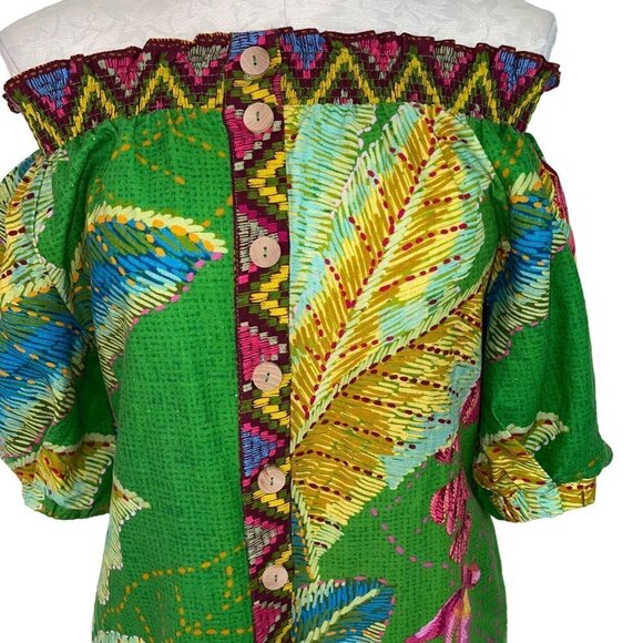 Farm Rio Womens Dress Size XS Green Off The Shoulder Tropical Midi Button Up - Picture 7 of 10
